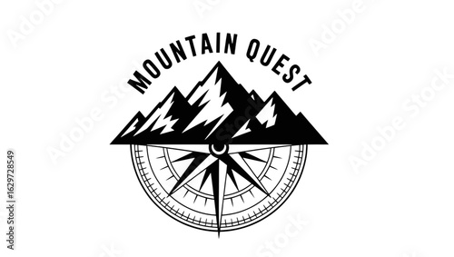 Stylized Mountain Quest Compass Rose:  Adventure, Exploration, and Journey Graphic Design Element for Branding, Apparel, and Travel.