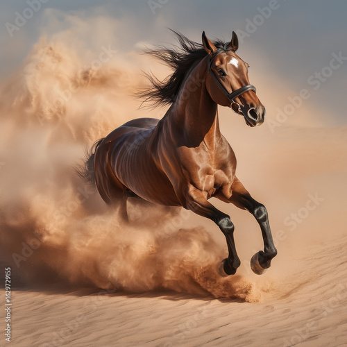 Purebred Arabian horse sprinting across the desert, sand flying, elegant motion, UHD 8K 