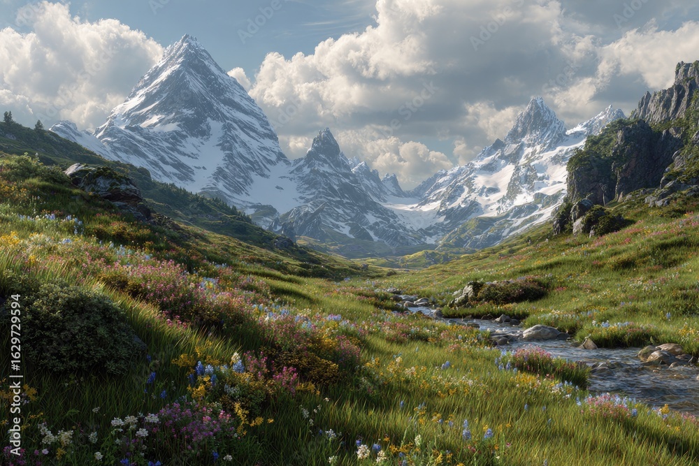 Fototapeta premium Alpine meadow valley with snow-capped peaks