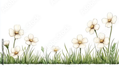 Delicate Floral Illustration of Daisies and Wild Herbs in a Natural Setting, Perfect for Decorative Projects