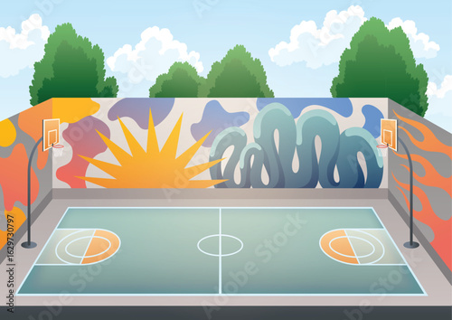 Sunny street basketball court cartoon background. School outdoor playground stadium. Outside sport arena for competition