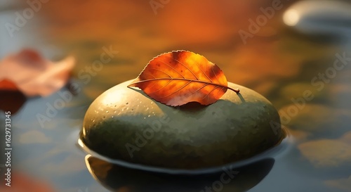Fototapeta Naklejka Na Ścianę i Meble -  Autumn leaf on stone water nature fall season zen meditation tranquility reflection