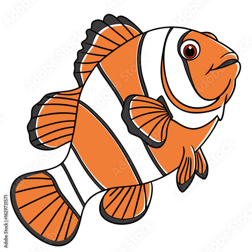 Cartoon clownfish with orange and white stripes swimming underwater