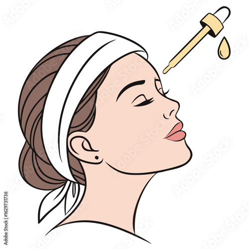 Stylized illustration of a young woman receiving serum from a dropper face skincare