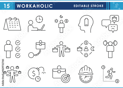 A set of line icons related to Workaholic. Work, job, time, rush, schedule, calendar, checklist, and so on. Vector editable stroke.