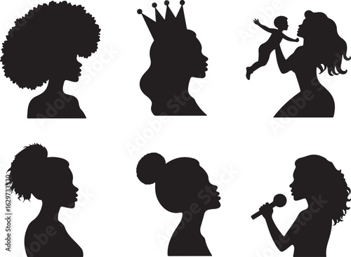 Diverse women silhouettes celebrate life, motherhood, royalty, and performance