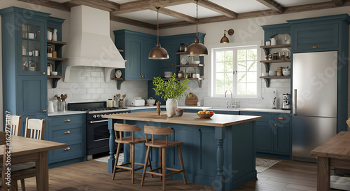 A beautifully designed kitchen, featuring rustic teal cabinetry complemented by light wood accents, creates a warm and inviting atmosphere for home decor advertising.