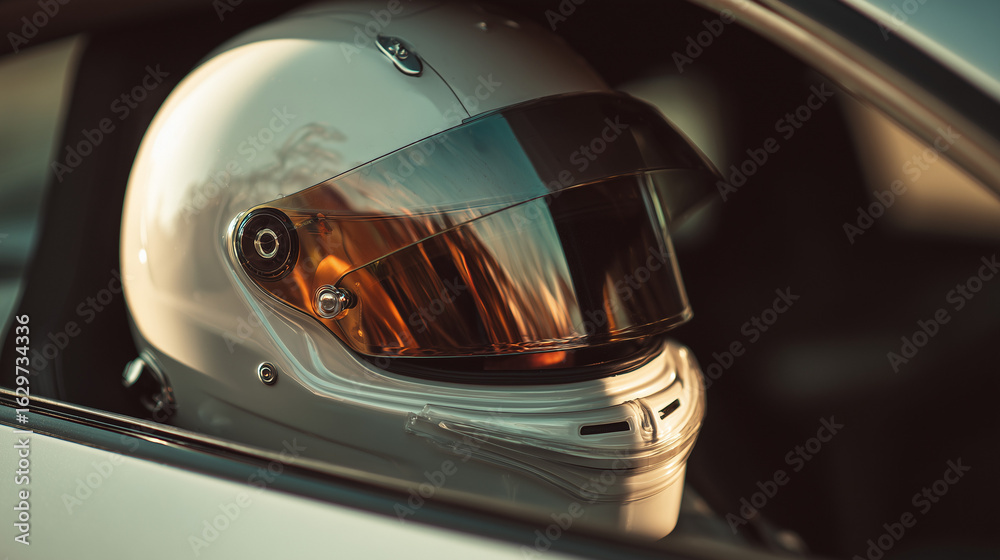 Obraz premium headshot of car racer in the car wearing helmet, ready for Car Race
