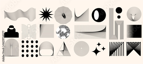 Abstract minimal element mid century vector set. Aesthetic contemporary stripe line art, geometric shape in mono chr o m e. 