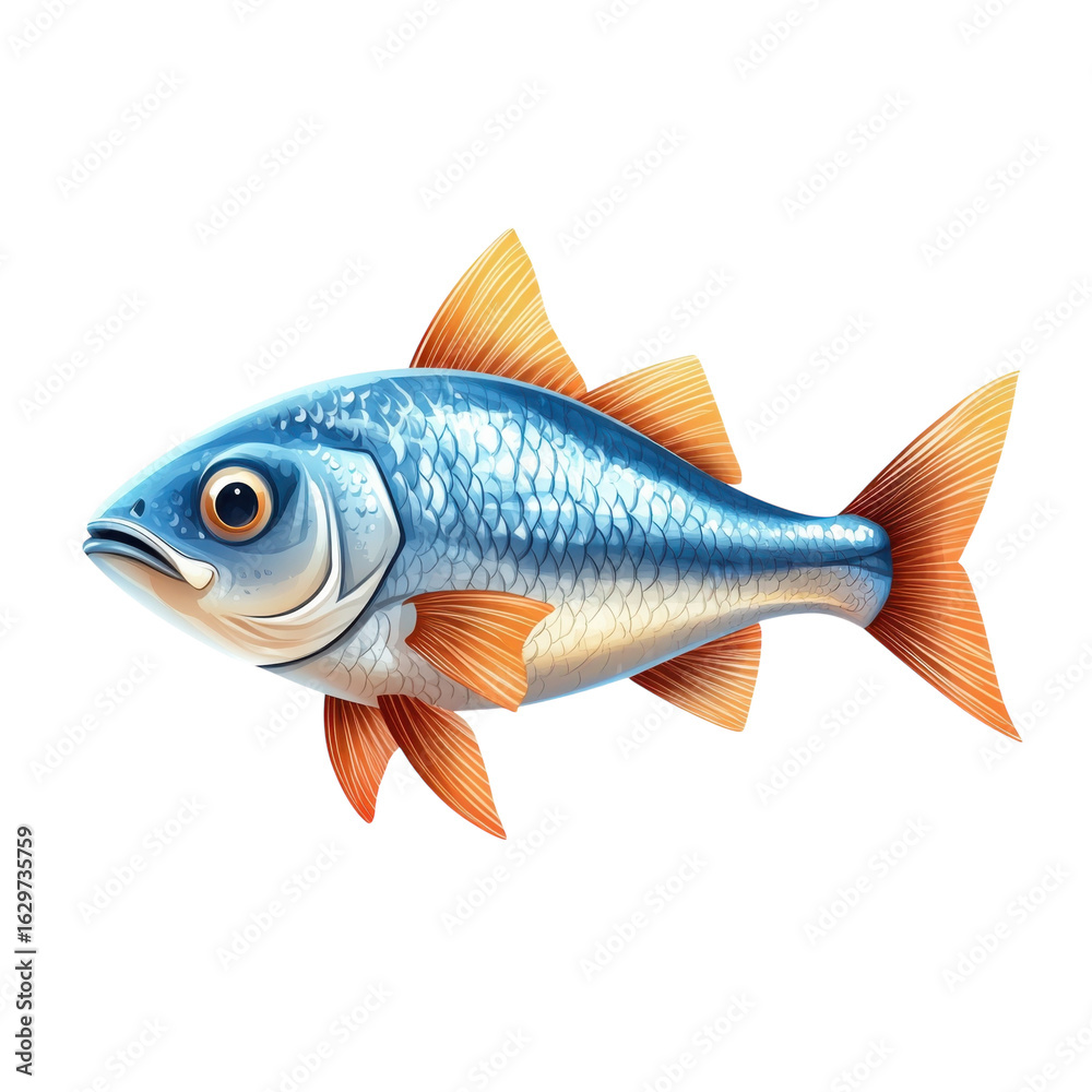 Fototapeta premium Blue scaled fish with orange fins swimming, aquatic animal, wildlife illustration on transparent background