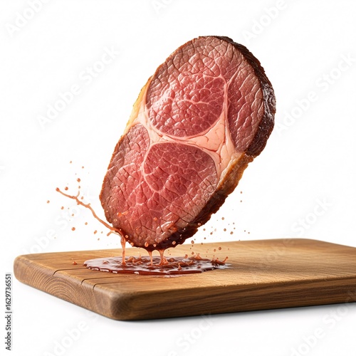 A roasted piece of meat dynamically falling onto a wooden board, with juice splashing,