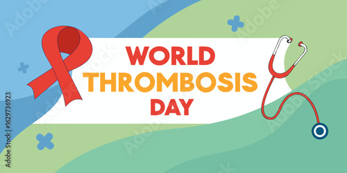 World Thrombosis Day awareness concept with red ribbon and stethoscope illustration