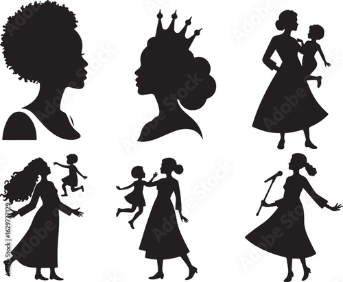 Diverse women silhouettes capturing family, success, and performance moments