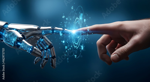 Humanity's connection with artificial intelligence, a human finger touches a robotic hand sparking a futuristic digital interface.