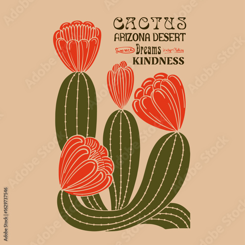 Cactus vector illustration. Desert cactus artwork. desert flowers print t shirt design. Wall desertion art. Cactus flower graphic print artwork for apparel, t shirt, sticker, poster, 