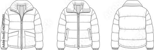  Front, back, and side technical sketch of puffer jacket, detailed winter coat illustration, fashion flat design, apparel template, down jacket vector.