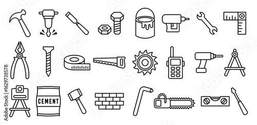 Building Construction Line Icon Featuring Assorted Tools And Equipment, Drill, Screw, Chisel, Wrench, Toolbox, Chainsaw, Symbol Vector Design Illustration Collections Sets