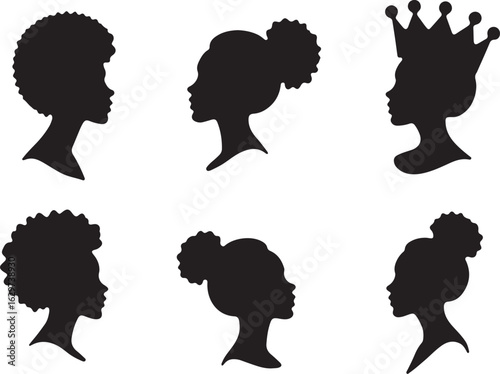 Elegant Black Silhouettes Showcase Diverse Hairstyles and Royal Crown