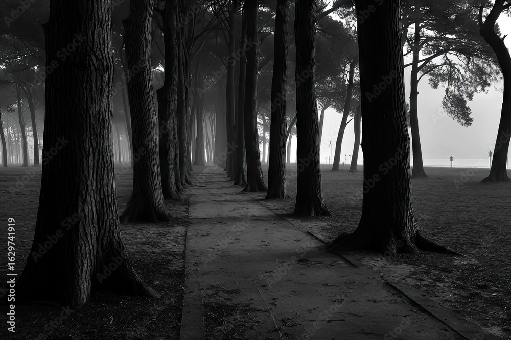Naklejka premium A grayscale path, lined with trees, leads into a misty forest