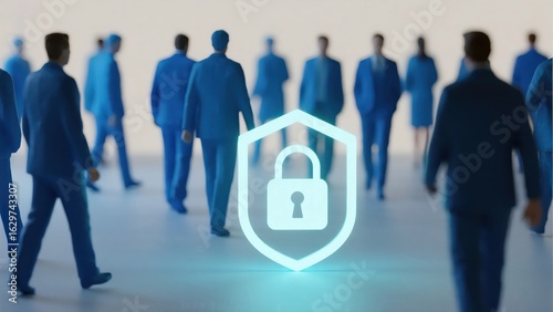 A futuristic and professional image of a group of business people with a glowing shield and padlock icon in the foreground, symbolizing collective security and data protection.