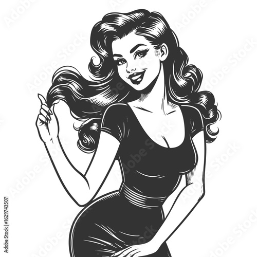 pin-up girl with wavy hair and a confident smile sketch engraving generative ai fictional character vector illustration. Scratch board imitation. Black and white image.