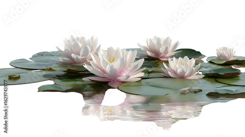 A calm, still pond with lotus flowers floating gently