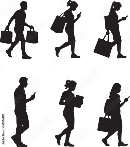 People walking with bags and phones in silhouette, modern life
