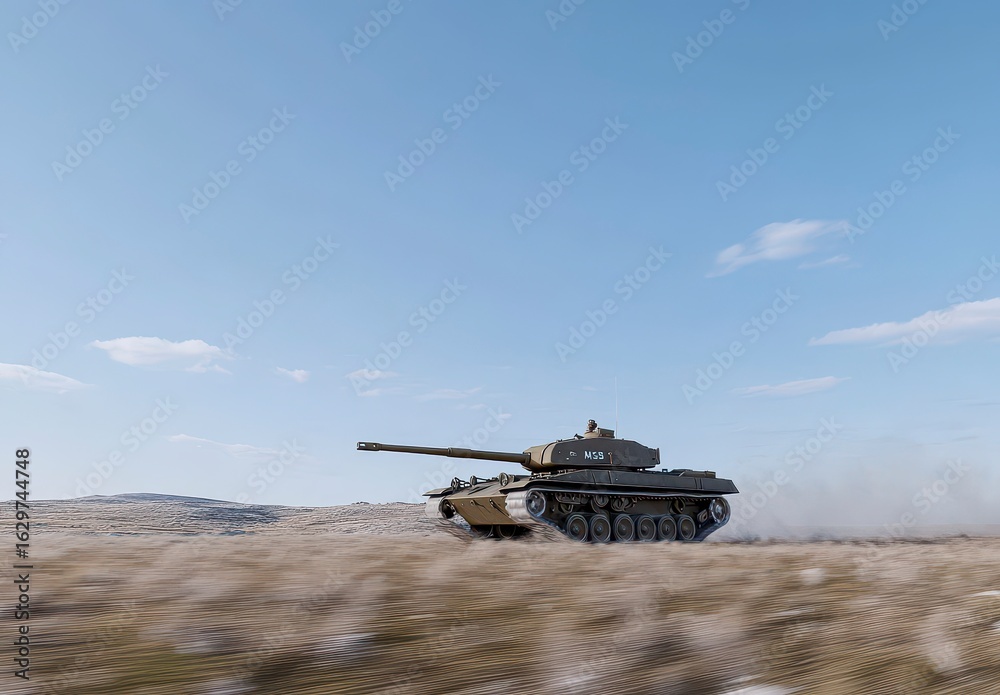 Fototapeta premium Military Tank Driving Across Open Field Under Clear Blue Sky