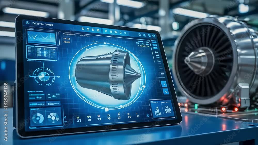 A tablet with a digital twin interface showing a 3D model of a jet engine for diagnostics and analysis in a factory
