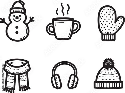 Cozy winter icons snowman hot drink scarf mittens hat headphones