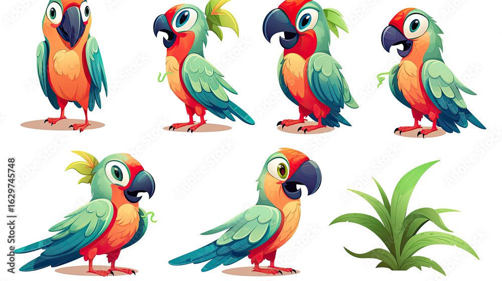 Obraz premium Colorful parrots perched together isolated on white background