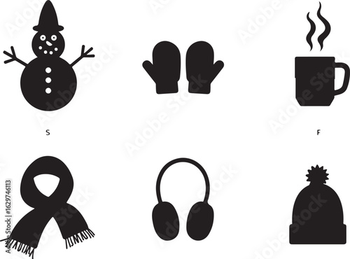 Cozy winter icons: snowman, mittens, hot drink, scarf, earmuffs, beanie
