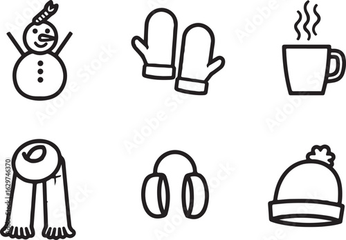 Charming winter icons: snowman, mittens, hot drink, scarf, headphones, hat