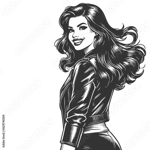 pin-up girl with voluminous hair, smiling while wearing a sleek leather jacket sketch engraving generative ai fictional character vector illustration. Scratch board imitation. Black and white image.