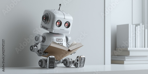 Small robot with expressive eyes sits on white table, holding open book. scene is set in minimalist environment with stack of books in background, suggesting focus on learning and technology