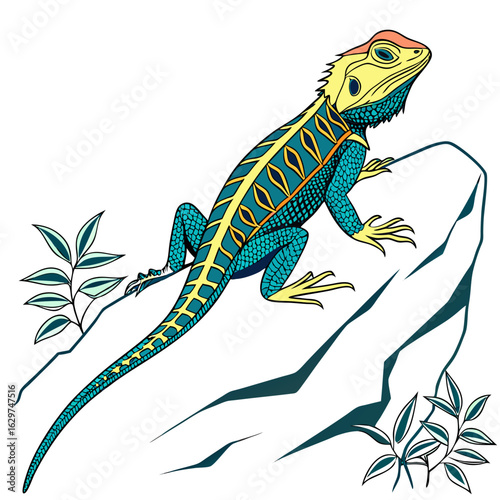 Bearded dragon lizard climbing on a rock with plants