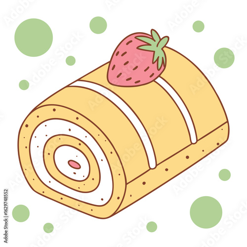 Stylized yellow swiss roll cake with strawberry and green circles cream dessert