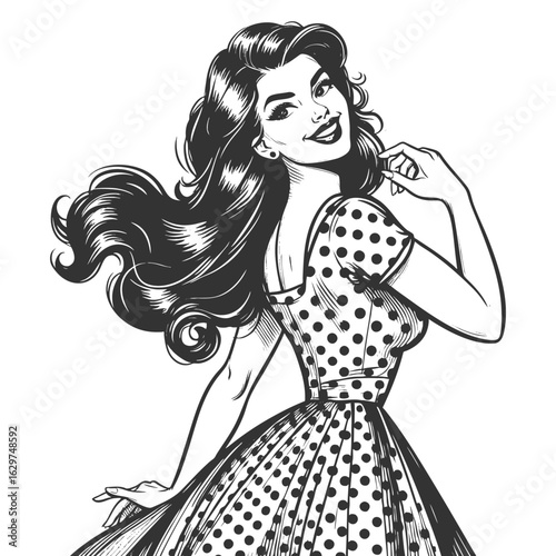 pin-up girl with flowing hair, wearing a polka dot dress and bow at the waist sketch engraving generative ai fictional character vector illustration. Scratch board imitation. Black and white image.