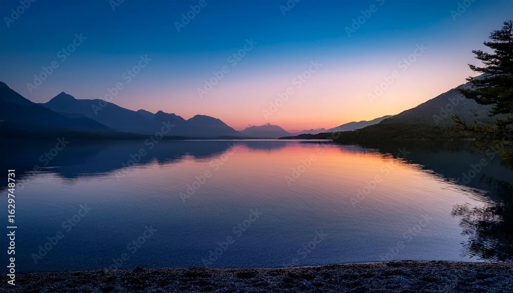 Fototapeta premium a serene lake at dusk perfectly still water reflecting the gradients of a beautiful sunset with mountains in the background