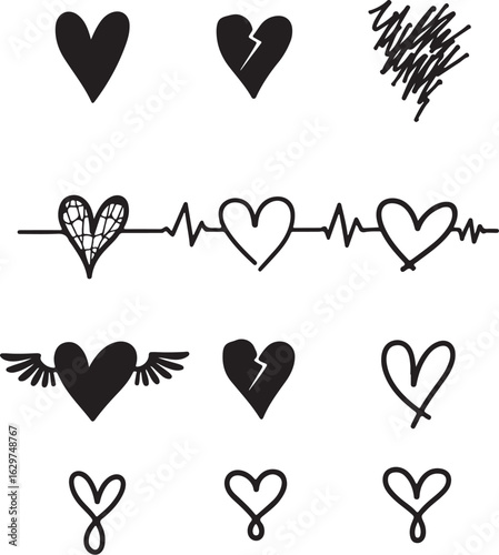Expressive heart symbols capture love's journey, joy, and pain