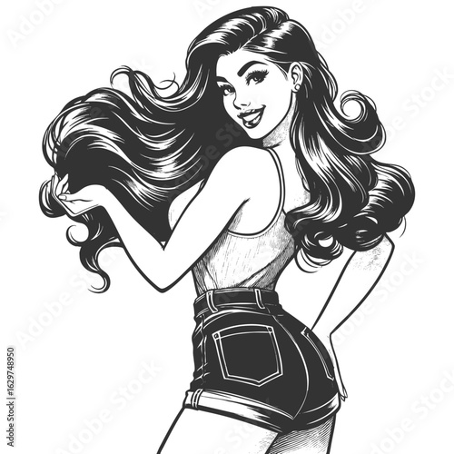 cheerful pin-up girl in high-waisted shorts, playfully flipping her long wavy hair sketch engraving generative ai fictional character vector illustration. Scratch board imitation. Black and white.