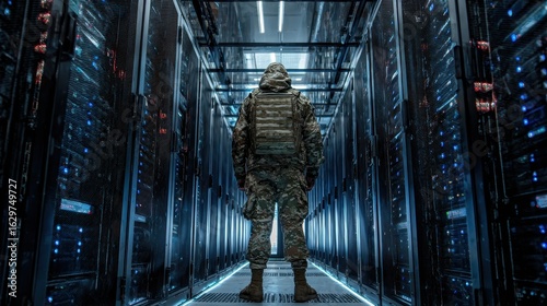 Soldier stands guard in a cold, dark server room, back to camera. Use for cyber security, data protection, or military technology concepts.