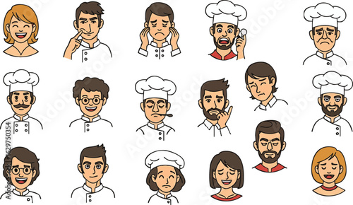 Collection of cartoon chef portraits displaying various facial expressions.