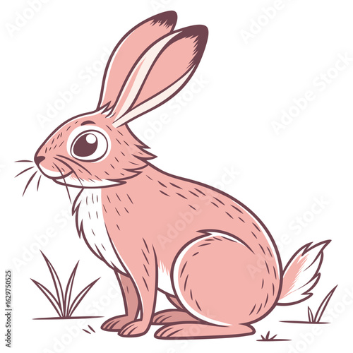 Cute pink rabbit illustration sitting in grass, isolated on white background