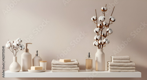 Neutral bathroom shelf display with cotton branches and toiletries. Stacked towels, soap, and dispensers arranged aesthetically on a white shelf against a beige wall.