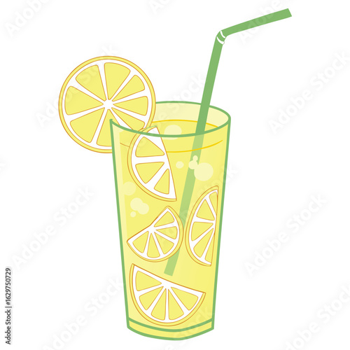 Tall glass of lemonade with lemon slices and straw drink beverage