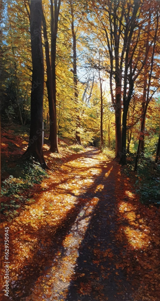Naklejka premium Sunlight filters through autumn trees, casting long shadows on a forest path
