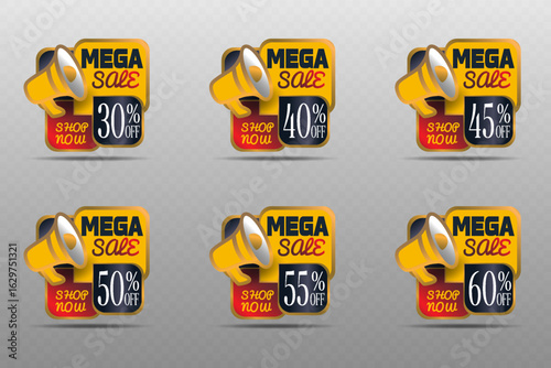 Set of marketing stickers with discount, with yellow dynamics and sale text.