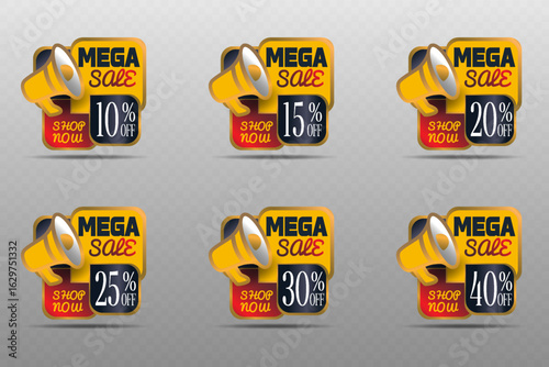 Set of marketing stickers with discount, with yellow dynamics and sale text.