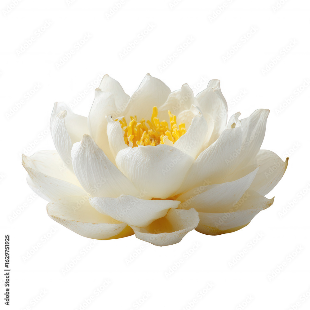 Fototapeta premium A beautiful white lotus flower with delicate petals and vibrant yellow stamens, set against a clean, white isolated background, perfect for nature-inspired designs.